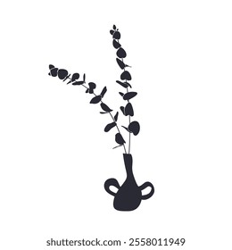 Black linocut silhouette of eucalyptus twig in vase. Tropical plant monochrome hand drawn design