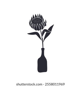 Black linocut silhouette of potted flower protea. Tropical plant monochrome hand drawn design