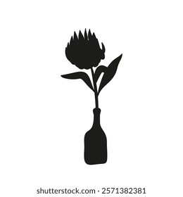 Black linocut silhouette of potted flower protea. Tropical plant monochrome hand drawn design