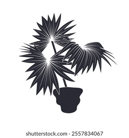 Black linocut silhouette of potted houseplant fan palm. Tropical plant monochrome hand drawn design