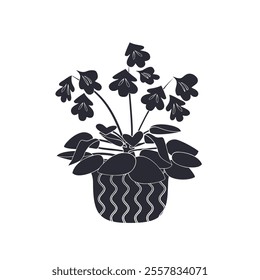 Black linocut silhouette of potted houseplant chirita. Tropical plant monochrome hand drawn design