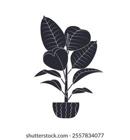 Black linocut silhouette of potted houseplant ficus. Tropical plant monochrome hand drawn design