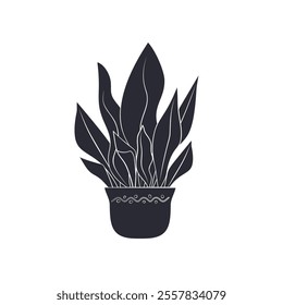 Black linocut silhouette of potted houseplant aspidistra. Tropical plant monochrome hand drawn design