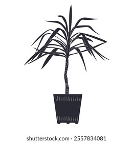 Black linocut silhouette of potted houseplant yucca. Tropical plant monochrome hand drawn design