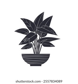 Black linocut silhouette of potted houseplant stromanthe. Tropical plant monochrome hand drawn design