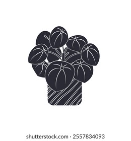 Black linocut silhouette of potted houseplant pilea. Tropical plant monochrome hand drawn design