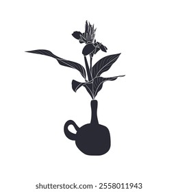 Black linocut silhouette of potted houseplant canna lily. Tropical plant monochrome hand drawn design