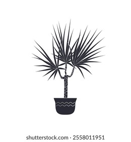 Black linocut silhouette of potted houseplant dracaena. Tropical plant monochrome hand drawn design