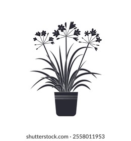 Black linocut silhouette of potted houseplant agapanthus. Tropical plant monochrome hand drawn design