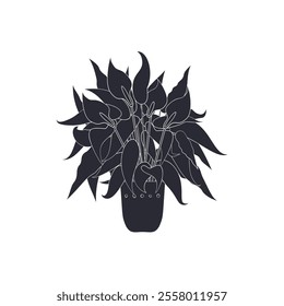 Black linocut silhouette of potted houseplant peace lily. Tropical plant monochrome hand drawn design