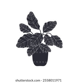 Black linocut silhouette of potted houseplant maranta. Tropical plant monochrome hand drawn design