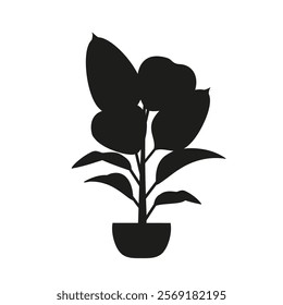 Black linocut silhouette of potted houseplant ficus. Tropical plant monochrome hand drawn design