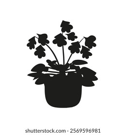 Black linocut silhouette of potted houseplant chirita. Tropical plant monochrome hand drawn design