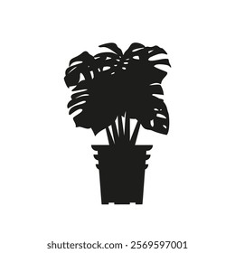 Black linocut silhouette of potted houseplant monstera. Tropical plant monochrome hand drawn design