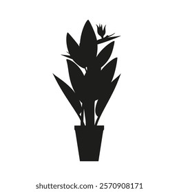 Black linocut silhouette of potted houseplant bird of paradise. Tropical plant monochrome hand drawn design