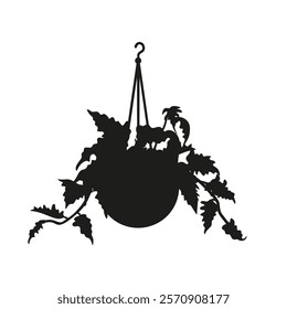 Black linocut silhouette of potted houseplant gynura. Tropical plant monochrome hand drawn design