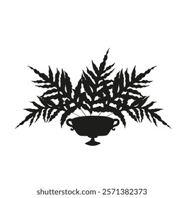 Black linocut silhouette of potted houseplant phebodium. Tropical plant monochrome hand drawn design