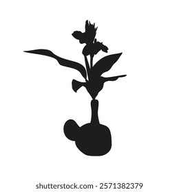 Black linocut silhouette of potted houseplant canna lily. Tropical plant monochrome hand drawn design