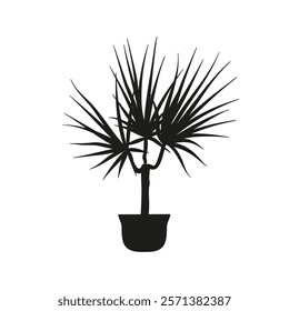 Black linocut silhouette of potted houseplant dracaena. Tropical plant monochrome hand drawn design