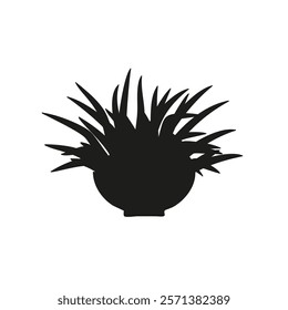 Black linocut silhouette of potted houseplant spider plant. Tropical plant monochrome hand drawn design