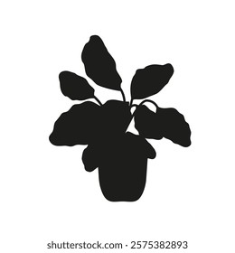 Black linocut silhouette of potted houseplant maranta. Tropical plant monochrome hand drawn design