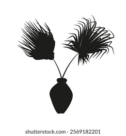 Black linocut silhouette of windmill palm in vase. Tropical plant monochrome hand drawn design