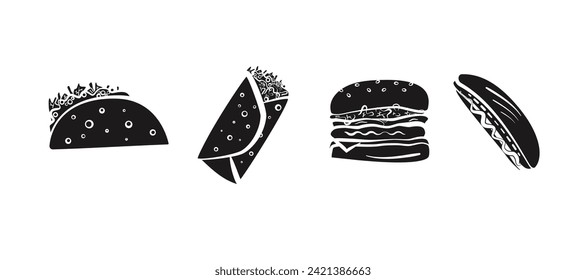 Símbolos de comida rápida texturados de estilo linocut negro. Impresión de bloques pequeños hamburguesa de comida rápida, tacos, burrito, hot dog para menú de restaurante o café, publicidad, carteles, pegatinas, diseño de logotipo