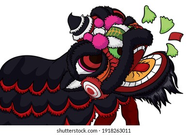 Black lion and dancers performing the traditional performance of lettuce eating and red envelope or 'cai qing' meaning 'plucking the greens'.