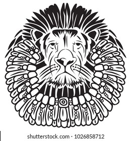 Black lion decorating with feathers on white background.