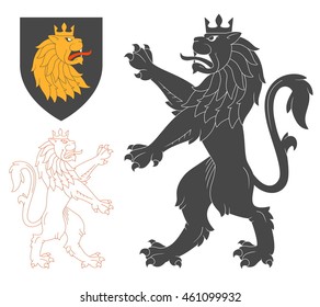 Black Lion Illustration For Heraldry Or Tattoo Design Isolated On White Background. Heraldic Symbols And Elements