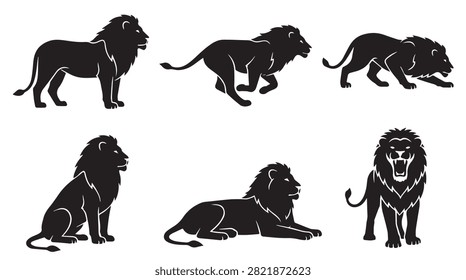 Black Lion Silhouettes Collection with Poses Standing Running Roaring Sitting and Lying Down