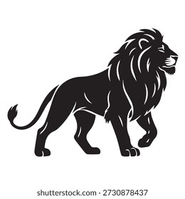 León negro de pie vista de perfil con larga melena y cola aislados sobre fondo blanco