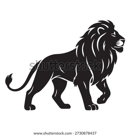 Black lion standing profile view with long mane and tail isolated on white background