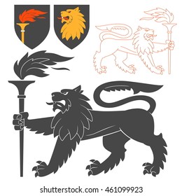 Black Lion With A Torch Illustration For Heraldry Or Tattoo Design Isolated On White Background. Heraldic Symbols And Elements