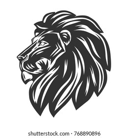 Black lion's head isolated on white background. Vector illustration.