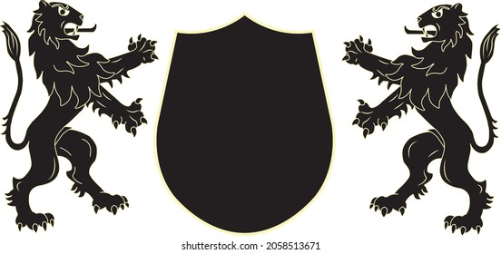 Black lions with shield, vector illustration