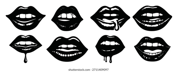 Black Lips With Dripping Liquid And Teeth Mouths white