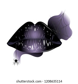 Black lips with spider cobwebs and spiders