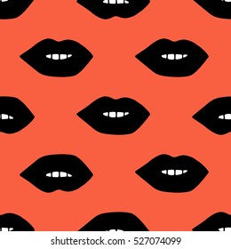 Black lips with white teeth on red background. Seamless vector hand drawing pattern