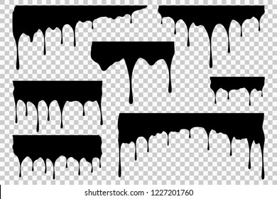 Black liquid dripping. Set of oil or paint stain and blob. Droplet of inks on transparent background. Vector illustration.