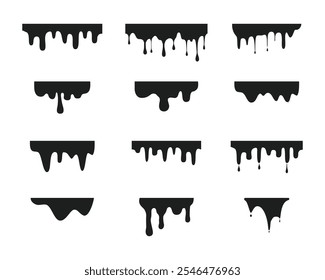 Black liquid drips or liquid sauce drops, seamless drops of paint, ink, slime, blood, chocolate on white background. Top banner with silhouettes of fluid dribbles.