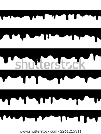 Black liquid drips, seamless drops of paint, ink, slime, blood on white background. Top banner with silhouettes of fluid dribbles.