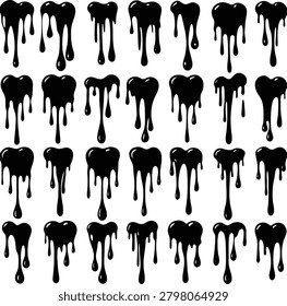 Black liquid drips, seamless pattern, flowing ink, oil, or paint in heart shape, creative design element for backgrounds, textures, or web graphics.