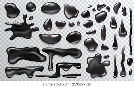 Black liquid droplets of different shapes set, top view vector illustration. 3d realistic puddles of fluid with shiny surface, paint or ink splashes, glossy blobs drip on transparent background