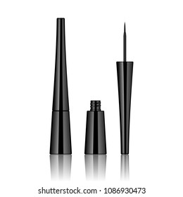 Black liquid eyeliner with fine brush. Vector realistic 3d black plastic bottle with makeup paint isolated on white background. Sample for branding. Easy to change.