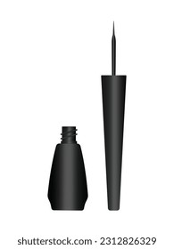 Black liquid eyeliner with fine brush. Vector realistic 3d black plastic bottle with makeup paint isolated on white background. Sample for branding. Easy to change.