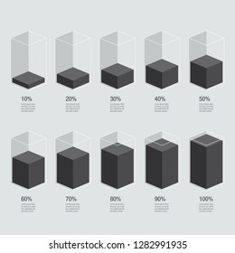 Black liquid fuel histogram glass charts 10% to 100% number text. Flat design interface illustration inforchart infographic elements for app ui ux web banner button vector isolated on white background
