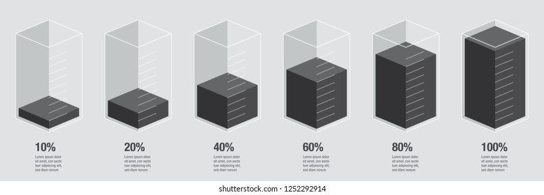 Black liquid histogram glass bars display. 10% 20% 40% 60% 80% 100% numbers text. Flat design illustration inforchart infographic elements for app ui ux web banner vector isolated on white background