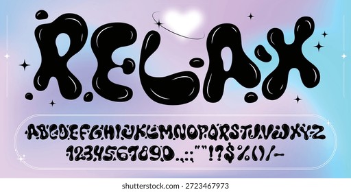 Schwarze flüssige Tintenblasen-Schriftart, y2k funky Typ 3d wellige Schrift, abstraktes Alphabet auf verträumtem Pastellfarbverlauf-Hintergrund. Vektor groovy psychedelic trippy hippy type, retro abc Buchstaben, Zahlen, Symbole