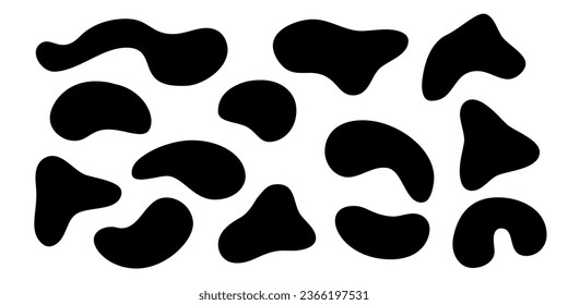 Black liquid irregular amoeba blob shapes vector collection isolated on white background. Fluid bobble blotch forms set, deform drops.
